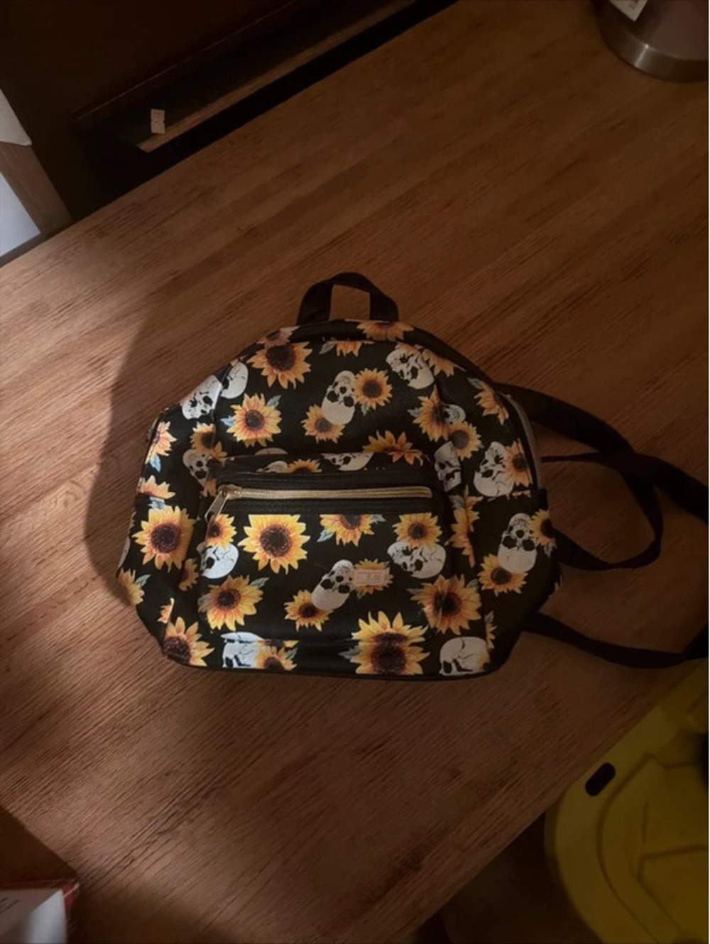 Sunflower Skull Mini Backpack Black Gothic Floral Small Bag Gold Tone  Zippers
